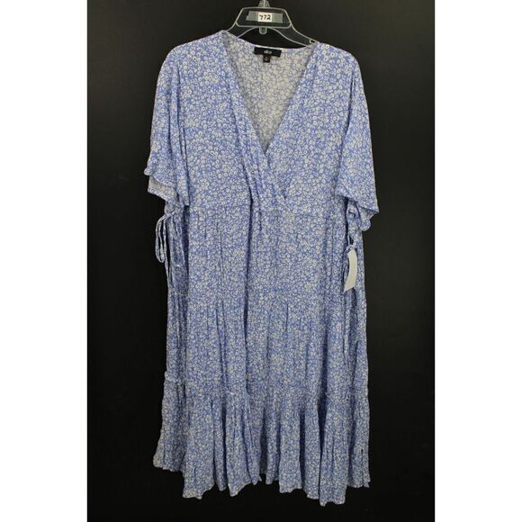 ELLOS SIZE 16 PURPLE W/WHITE FLOWERS A-LINE TIERED LAYER SHORT SLEEVE - Picture 1 of 7